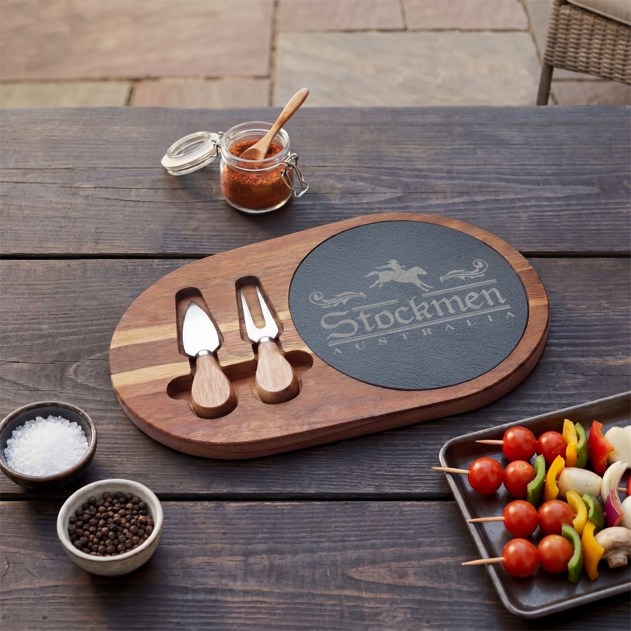 Stockmen engraved Acacia Charcuterie Board with Slate Insert & Cheese Knives