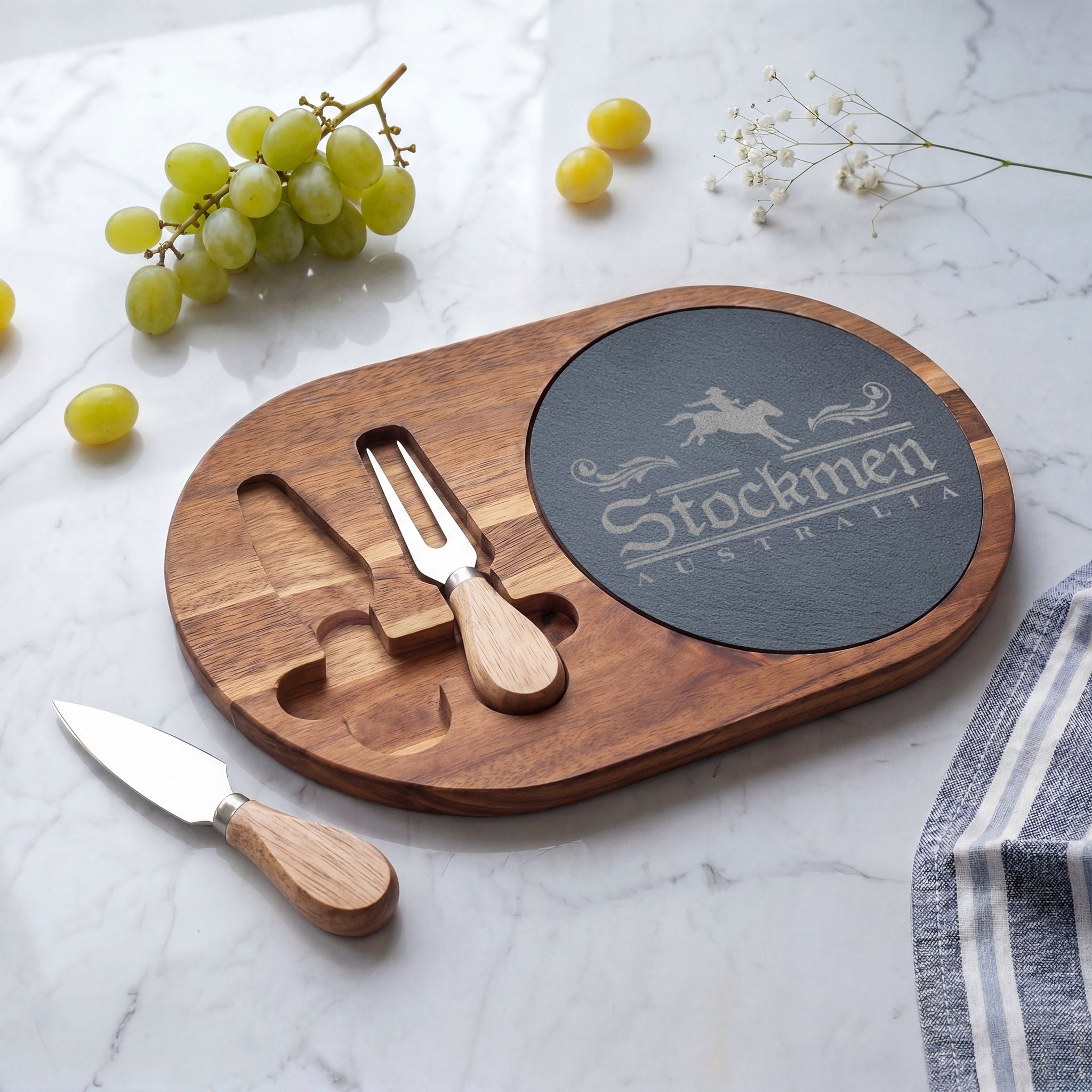 Stockmen engraved Acacia Charcuterie Board with Slate Insert & Cheese Knives